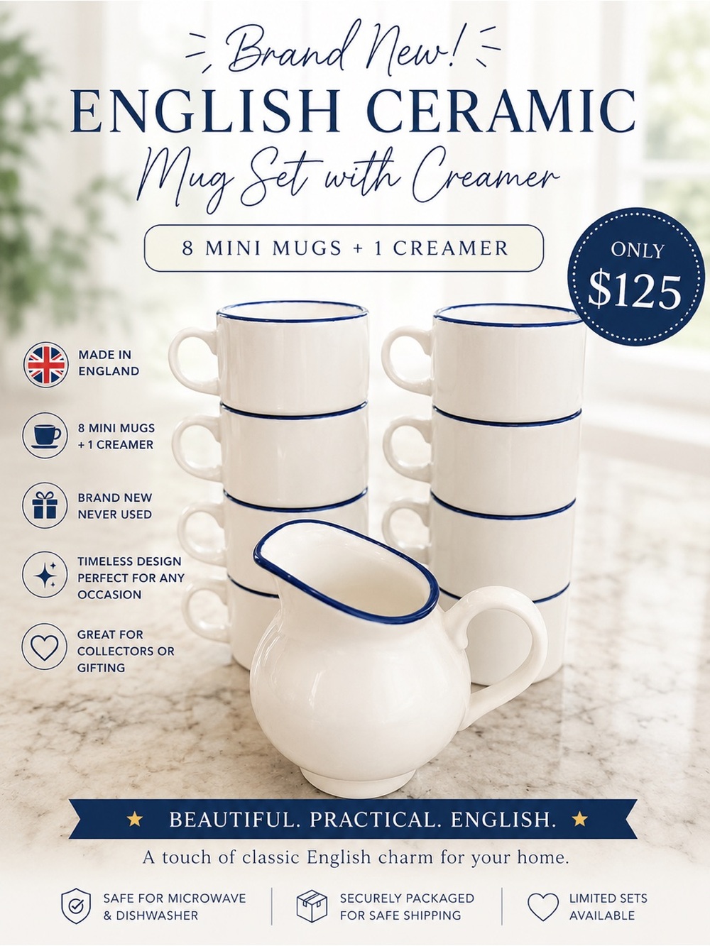English Ceramic Mug Set with Creamer - White with Blue Trim
